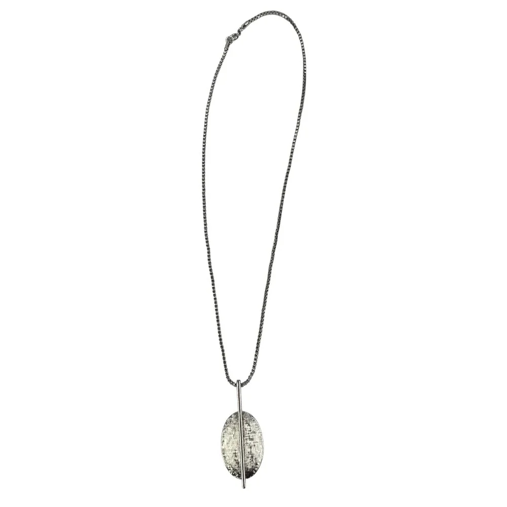 Silver Tone Modernist Necklace Set Textured Oval Pendant & Fringe Sunburst Bar